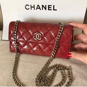 CHANEL Quilted Patent Leather Wallet with Chain